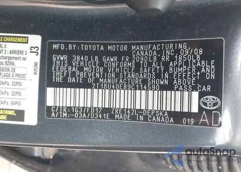 2009 Toyota Corolla S из США, поврежденный, VIN 2T1BU40E89C114590